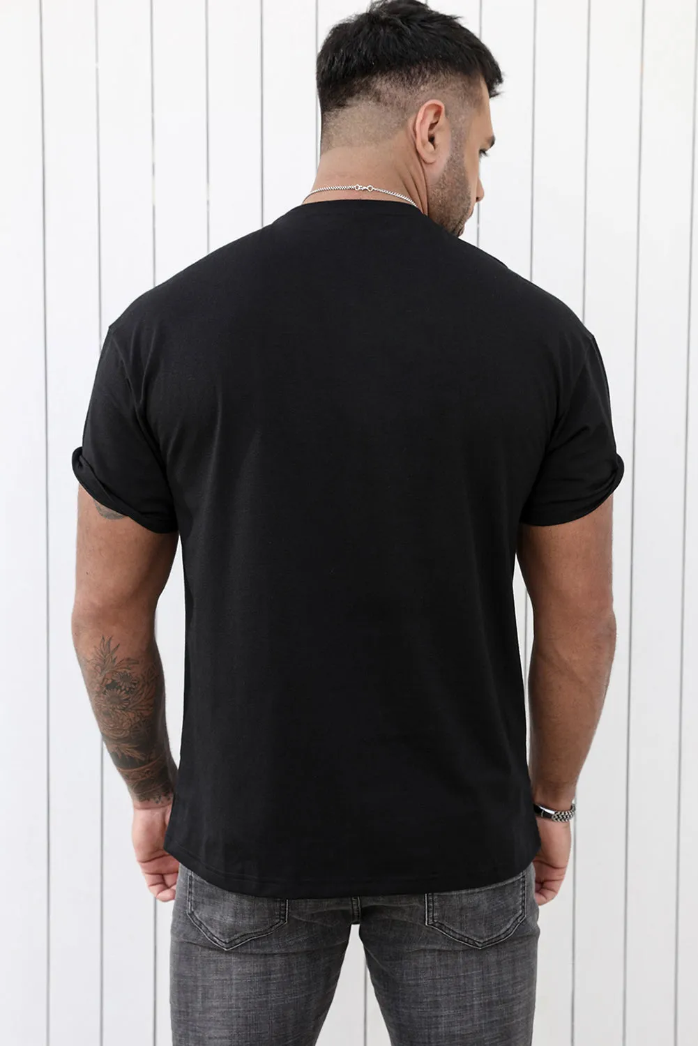 Black Men's Skeleton Graphic Print Drop Sleeve Crew Neck T Shirt