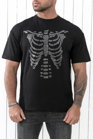 Black Men's Skeleton Graphic Print Drop Sleeve Crew Neck T Shirt