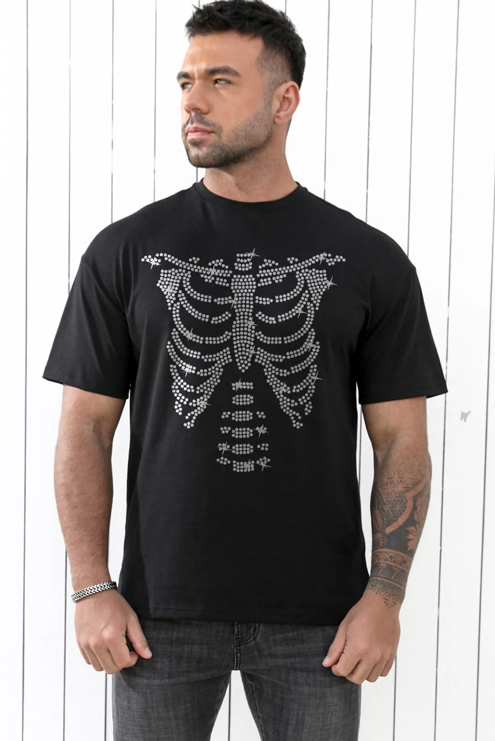 Black Men's Skeleton Graphic Print Drop Sleeve Crew Neck T Shirt