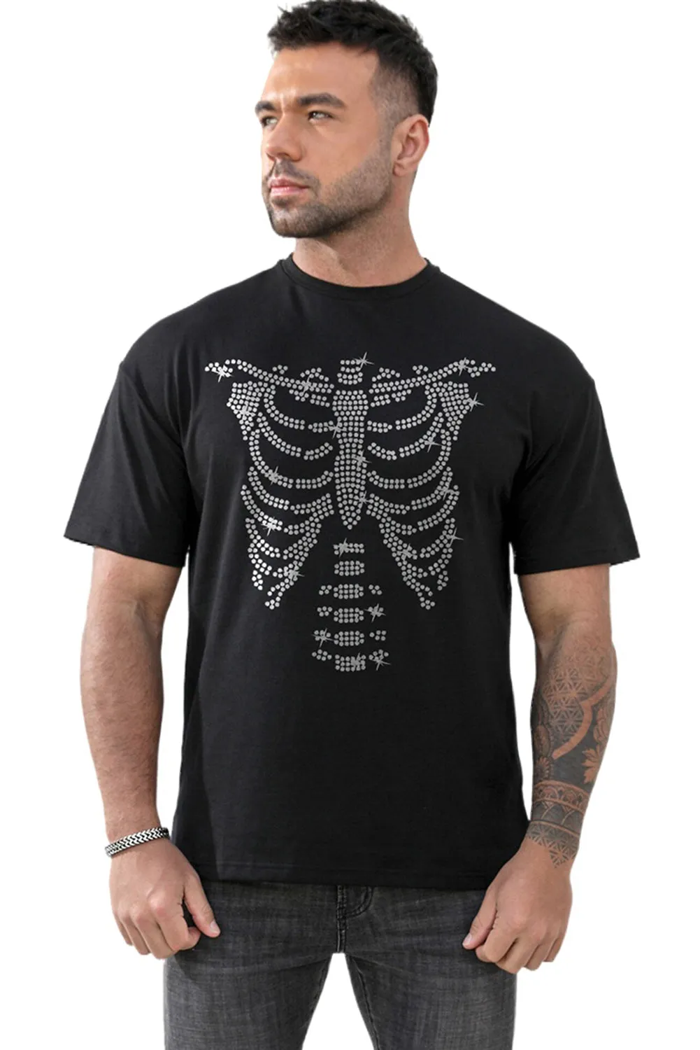 Black Men's Skeleton Graphic Print Drop Sleeve Crew Neck T Shirt