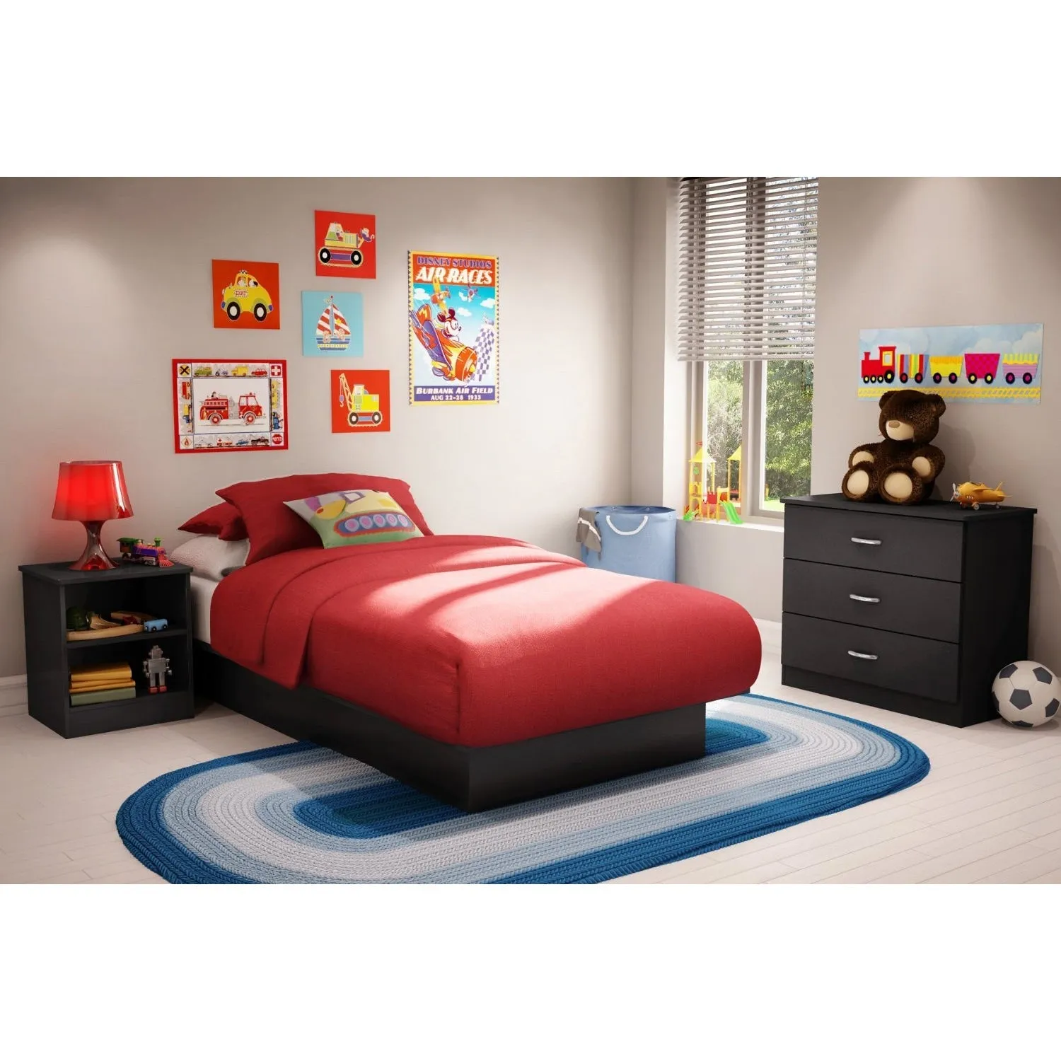 Black Nightstand with 2 Open Storage Compartment Shelves