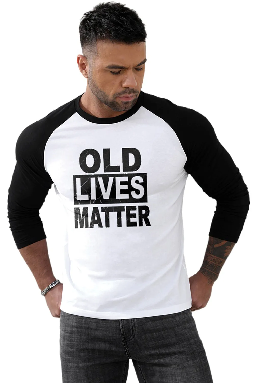 Black OLD LIVES MATTER Color Block Long Sleeve Top