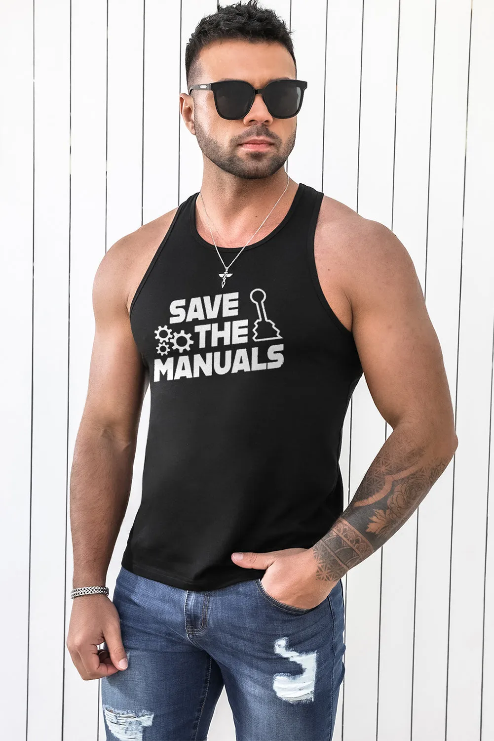 Black Save The Manuals Graphic Print Racerback Men's Tank Top