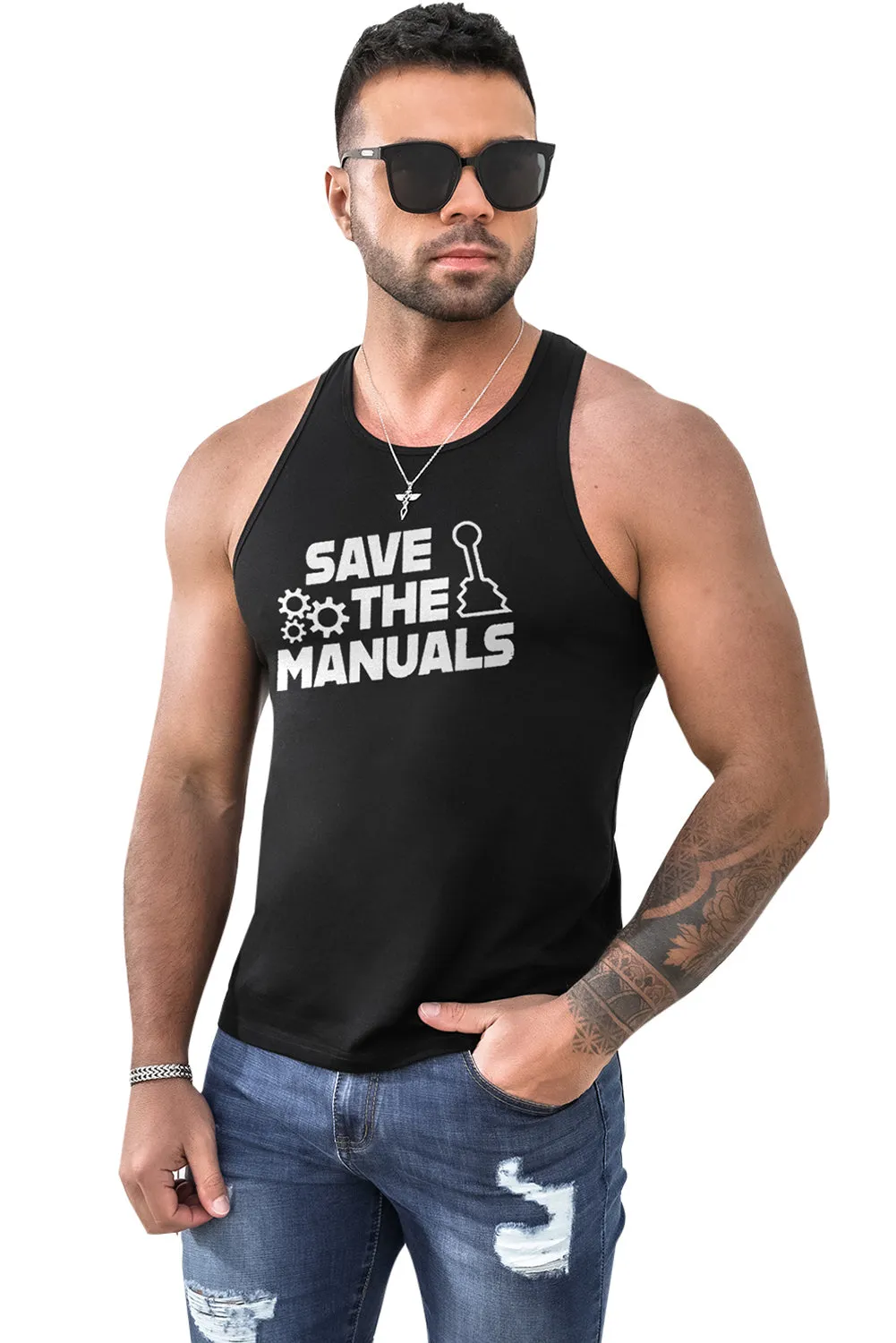 Black Save The Manuals Graphic Print Racerback Men's Tank Top