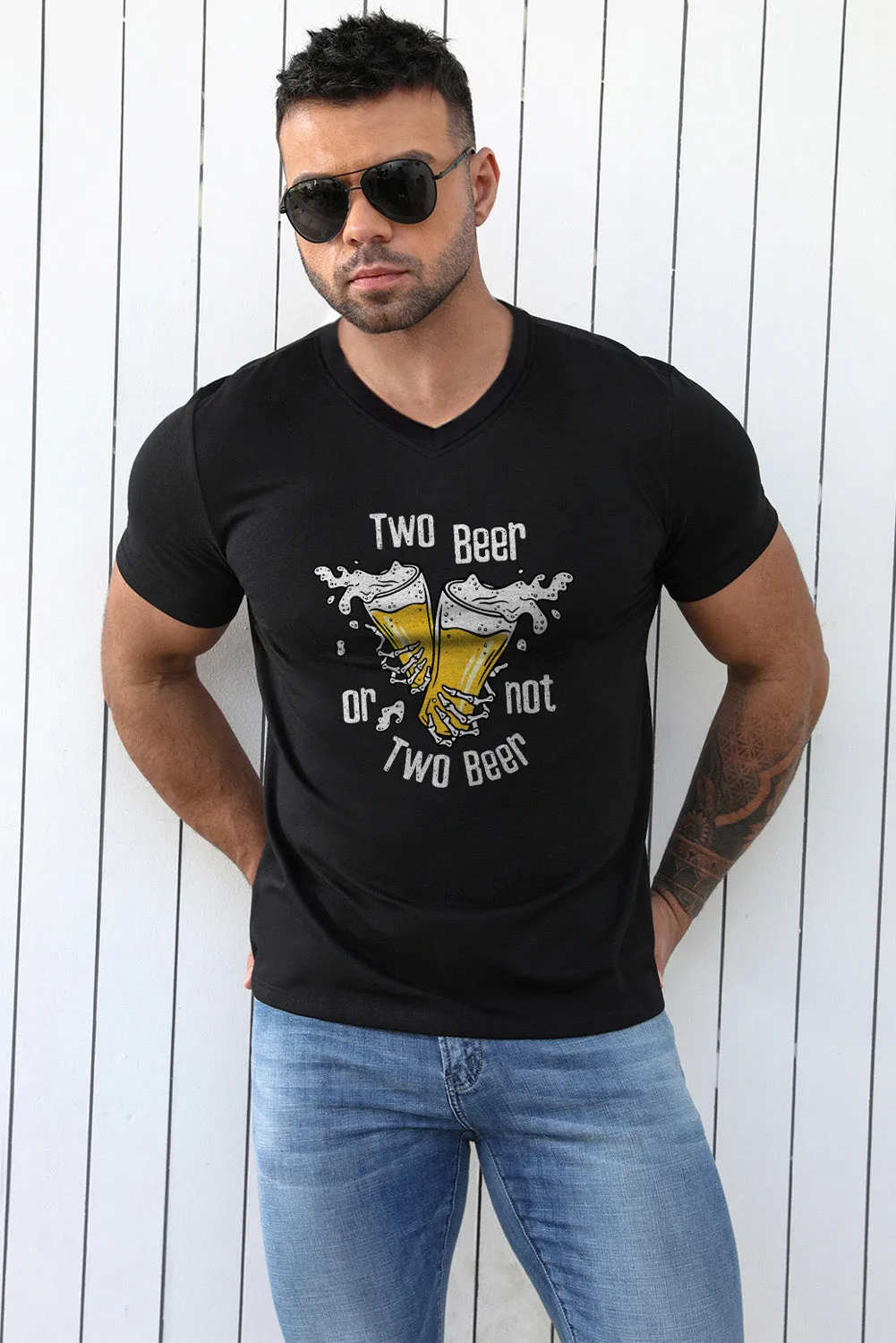 Black TWO BEER Skeleton Graphic Print V Neck Men's T Shirt