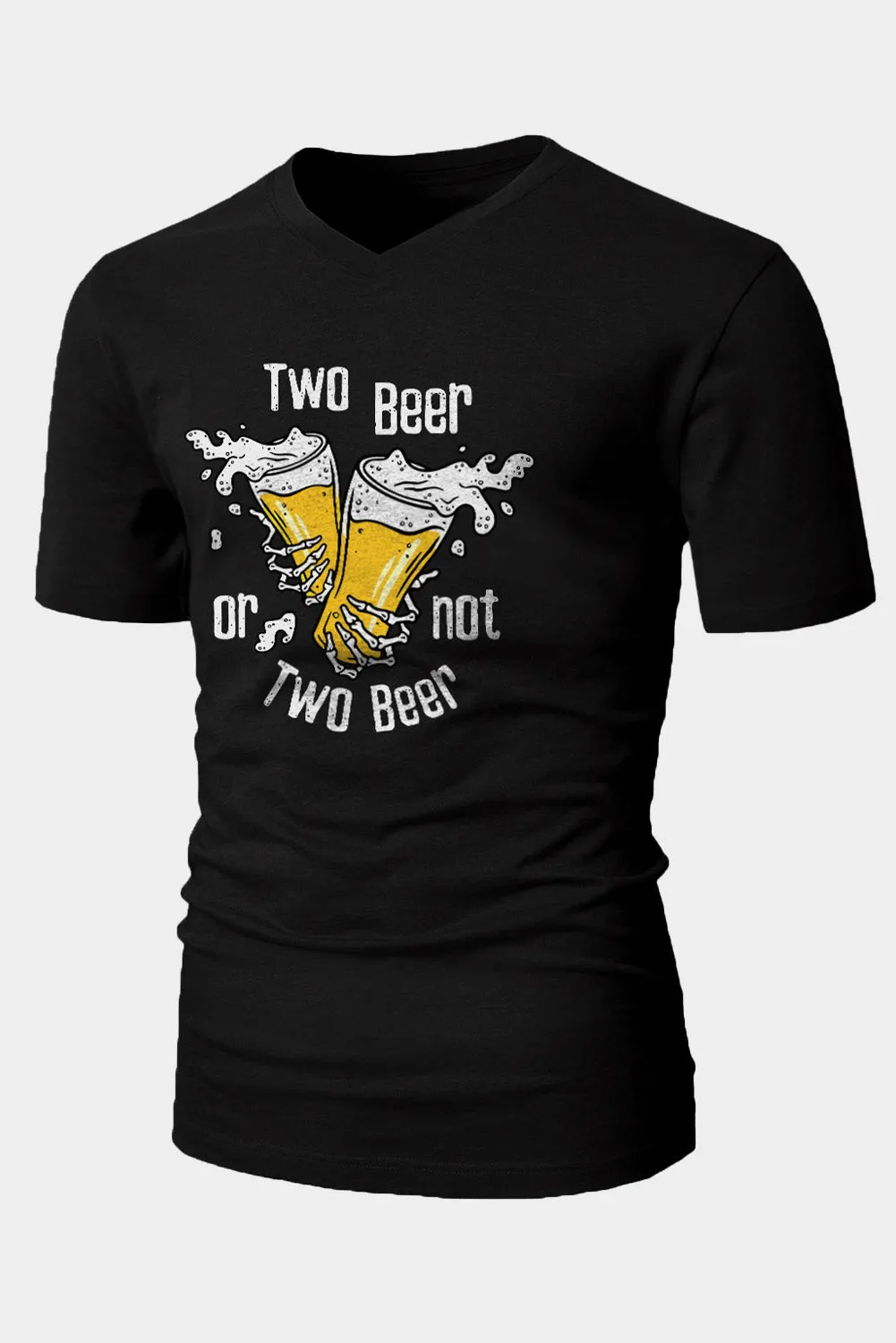 Black TWO BEER Skeleton Graphic Print V Neck Men's T Shirt
