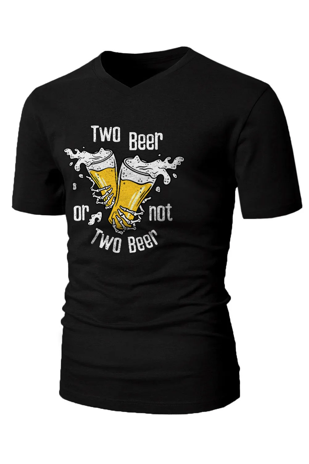 Black TWO BEER Skeleton Graphic Print V Neck Men's T Shirt