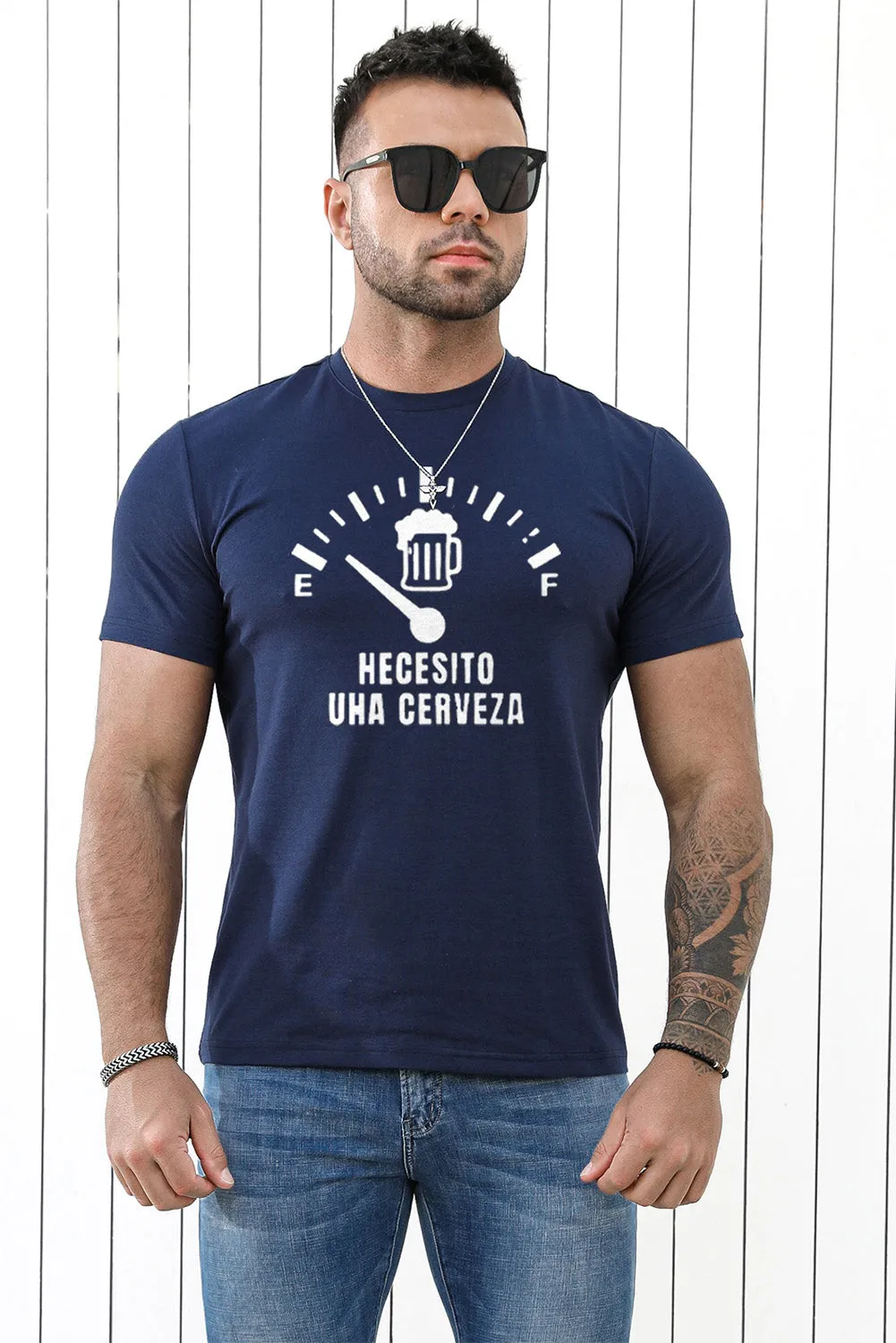 Blue HECESITO UHA CERVEZA Graphic Print Men's T Shirt