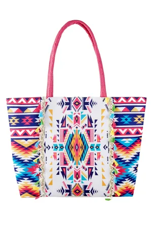 Boho Print Fringe Tote Bag Zipper Closure Inner Pocket Fuchsia - Pack of 6