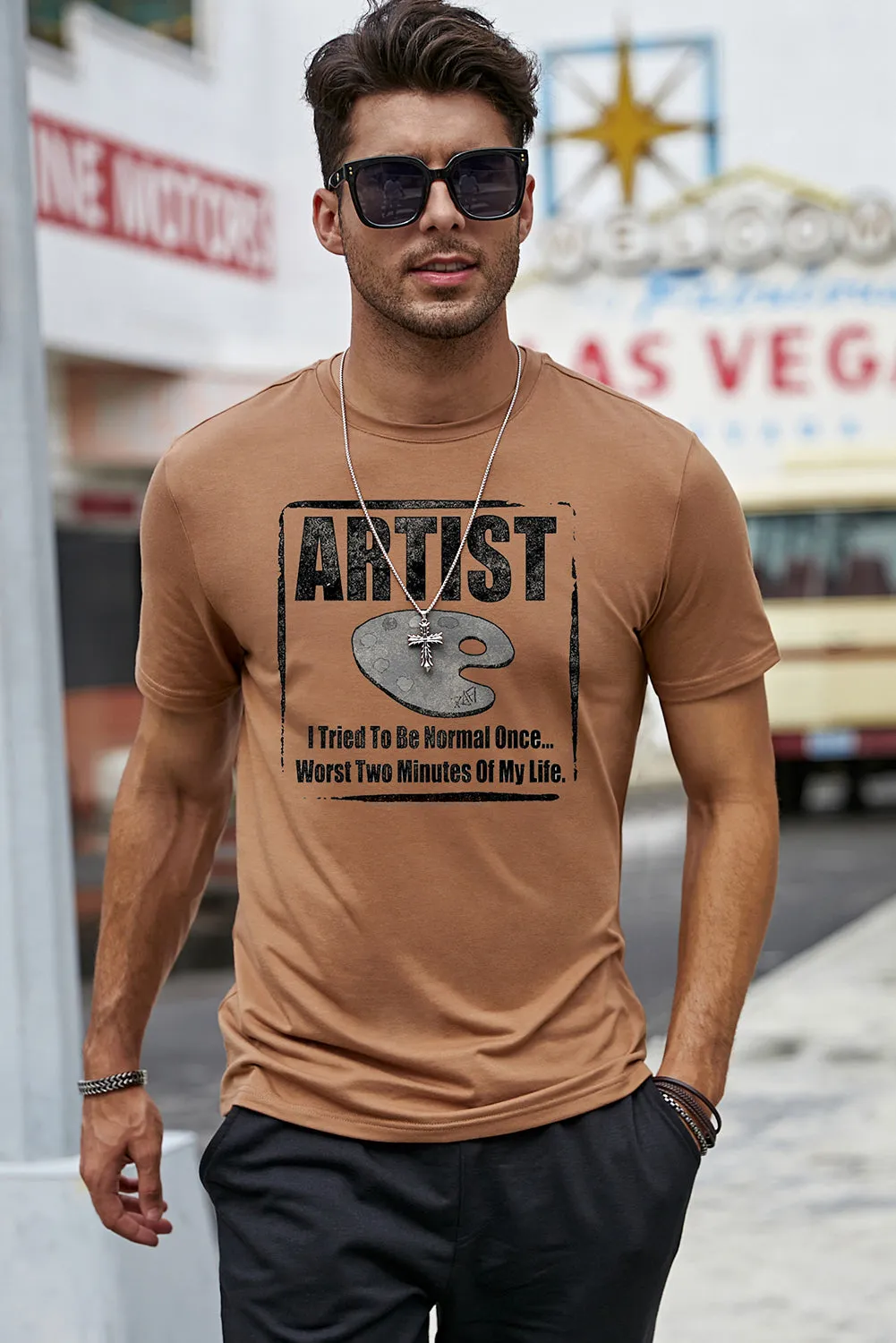 Brown ARTIST Letter Graphic Print Short Sleeve Tee