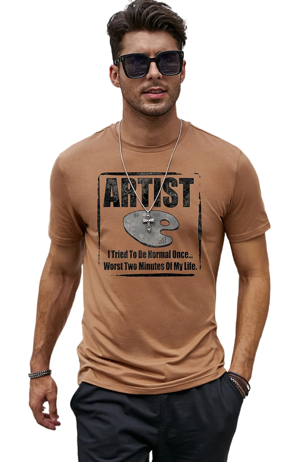 Brown ARTIST Letter Graphic Print Short Sleeve Tee