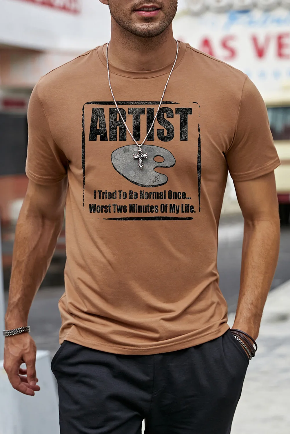 Brown ARTIST Letter Graphic Print Short Sleeve Tee