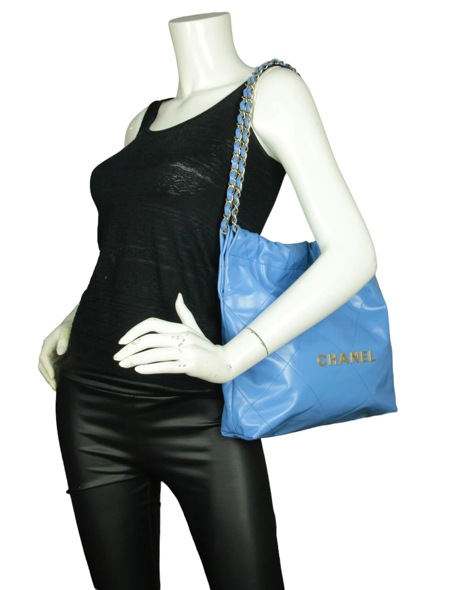 Chanel 2024 Blue Leather Quilted Chanel 22 Tote Bag