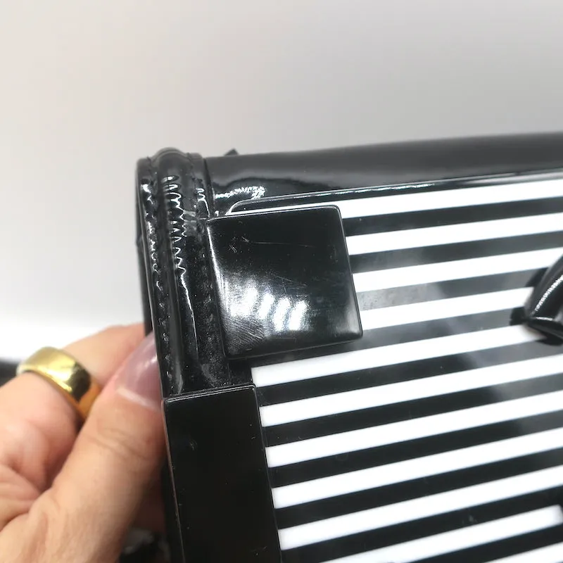 Chanel Boy Brick Striped Flap Bag Black & White Patent Leather Small Crossbody