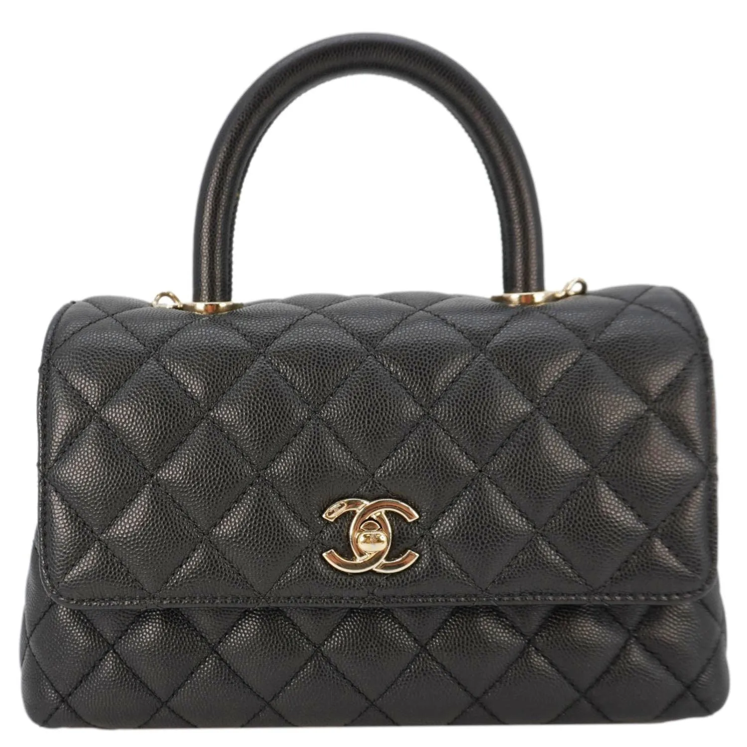CHANEL Coco Flap Small Quilted Caviar Leather Handle Shoulder Bag Black