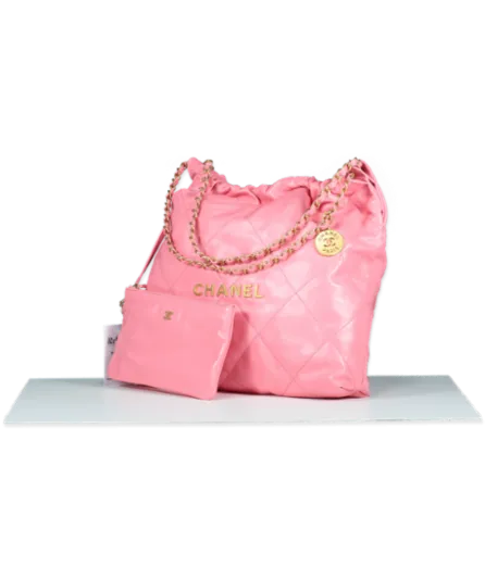 Chanel Coral Pink Calfskin Quilted 22 Bag With Pouch