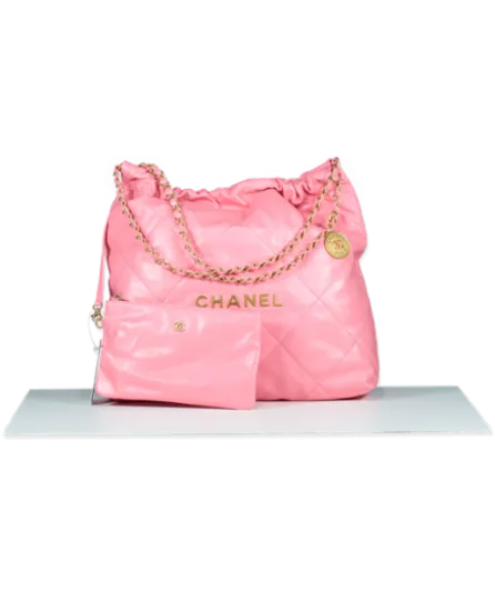 Chanel Coral Pink Calfskin Quilted 22 Bag With Pouch
