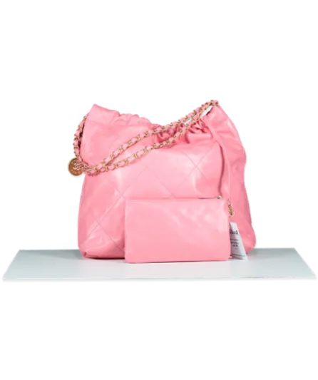 Chanel Coral Pink Calfskin Quilted 22 Bag With Pouch