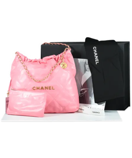 Chanel Coral Pink Calfskin Quilted 22 Bag With Pouch