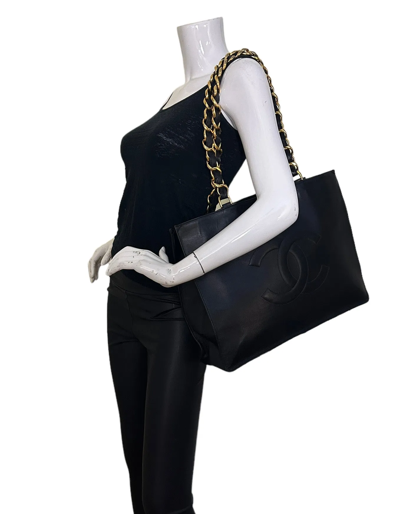 Chanel Vintage Black Leather CC Logo Tote