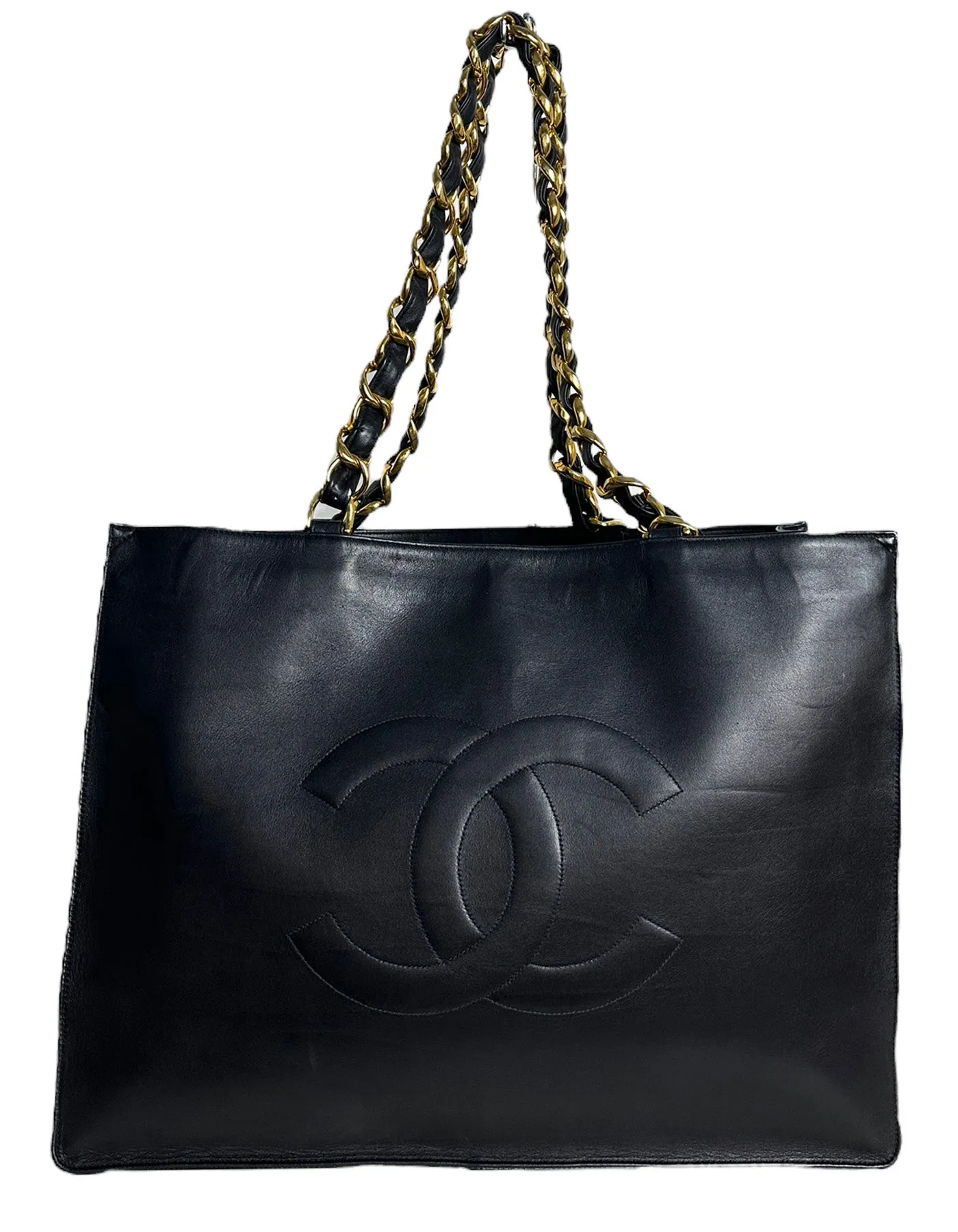 Chanel Vintage Black Leather CC Logo Tote