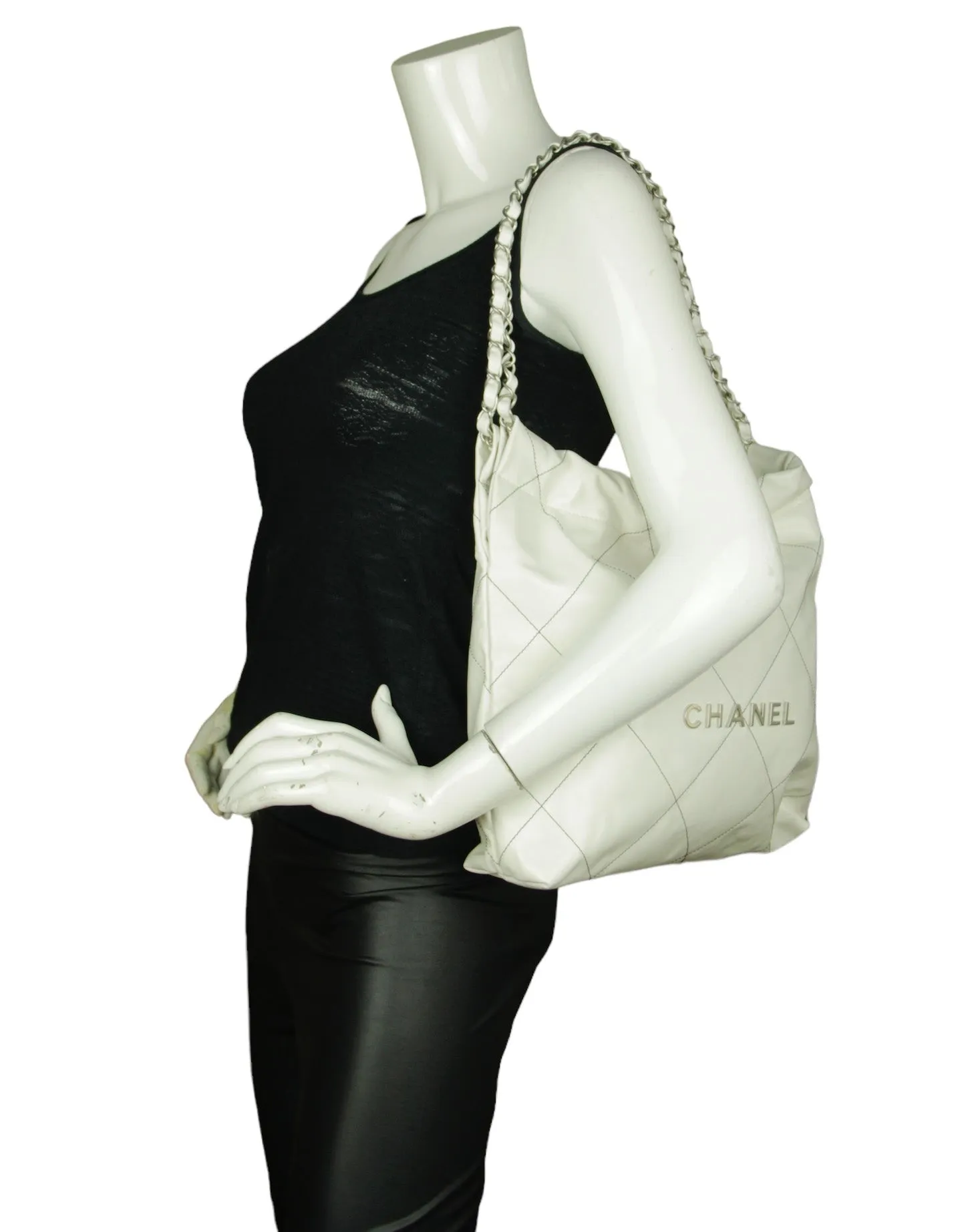 Chanel White Leather Quilted Chanel 22 Tote Bag