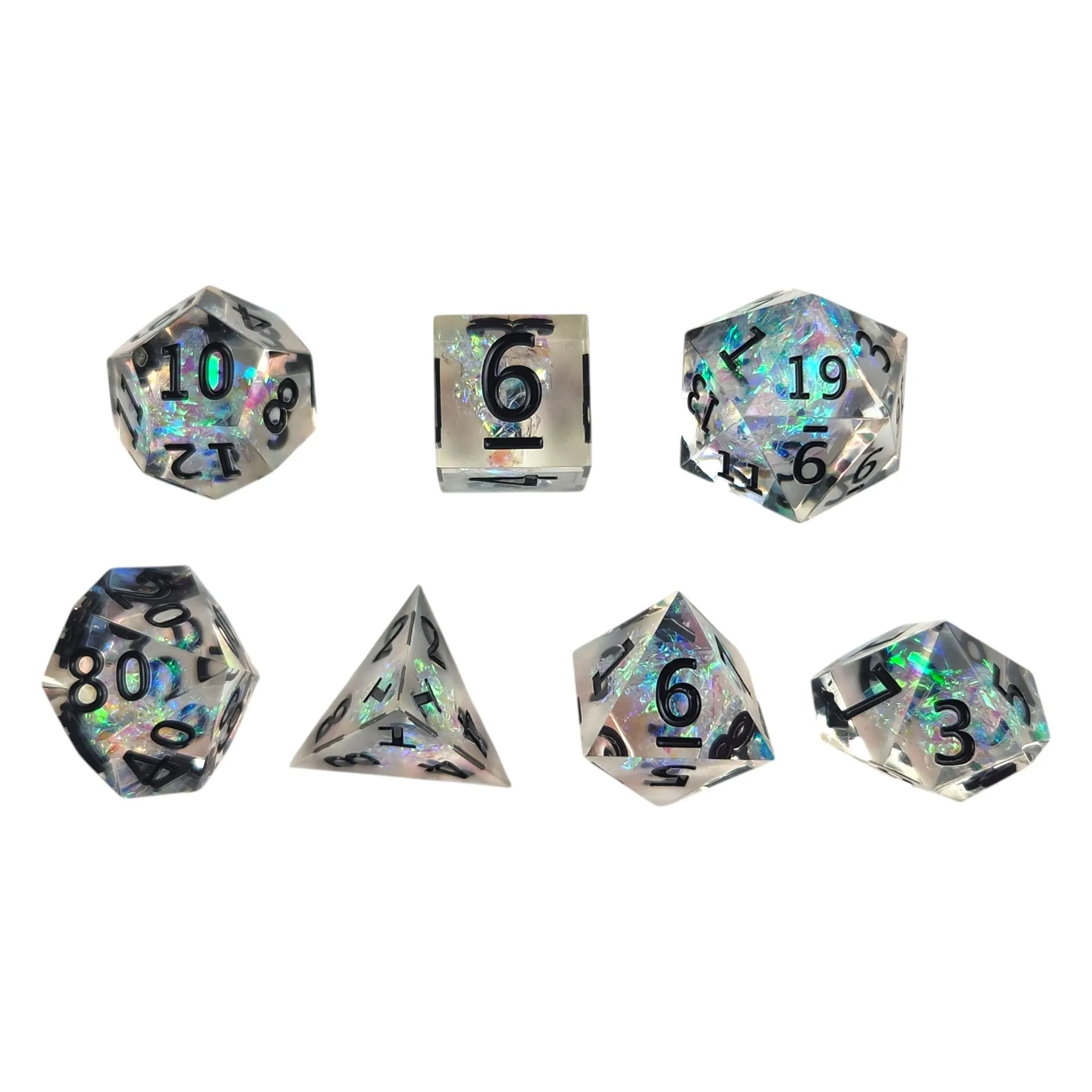 Clear dice with iridescent foil - black numbers - Sharp Resin