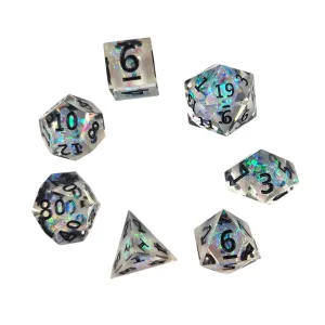 Clear dice with iridescent foil - black numbers - Sharp Resin
