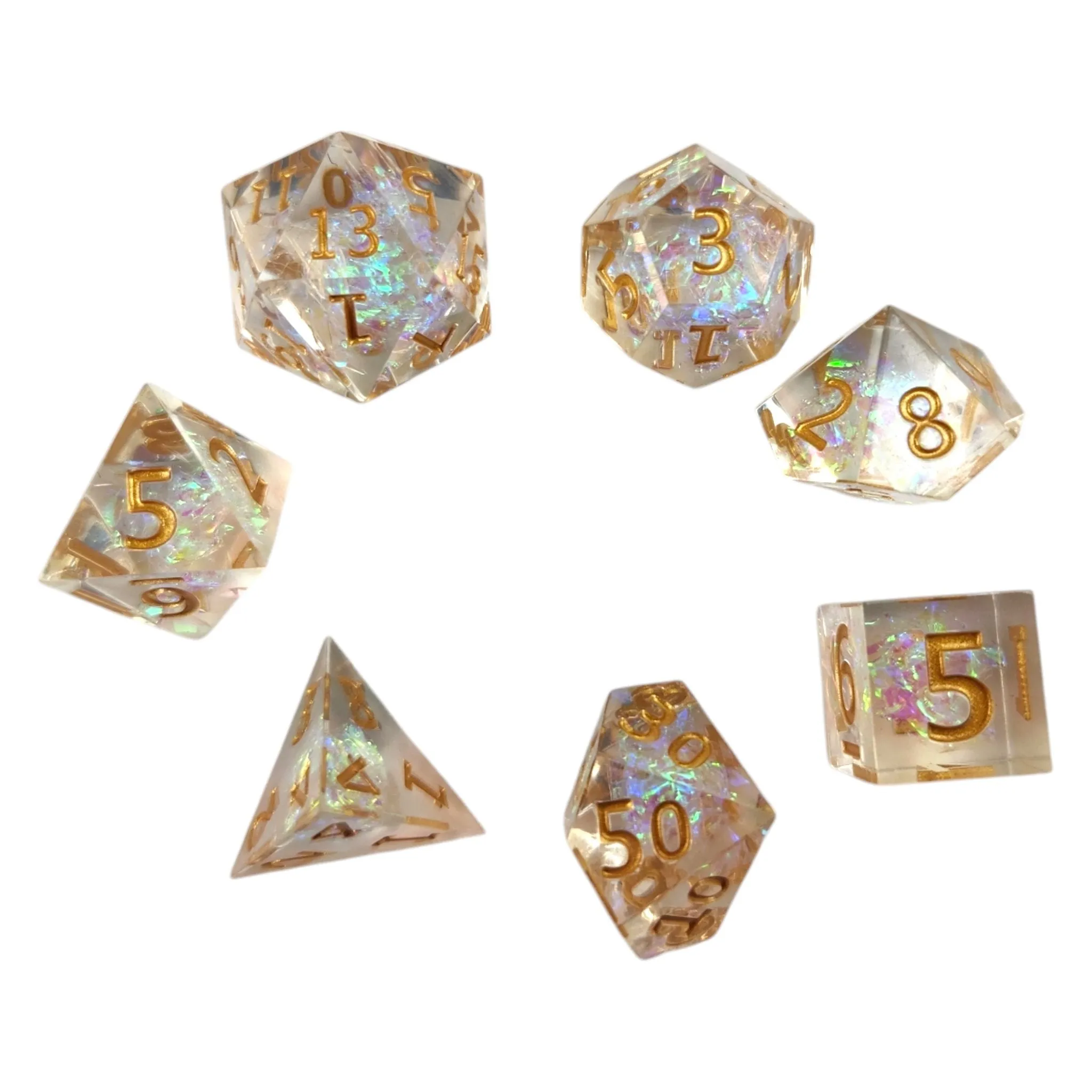 Clear dice with iridescent foil- gold numbers - Sharp Resin