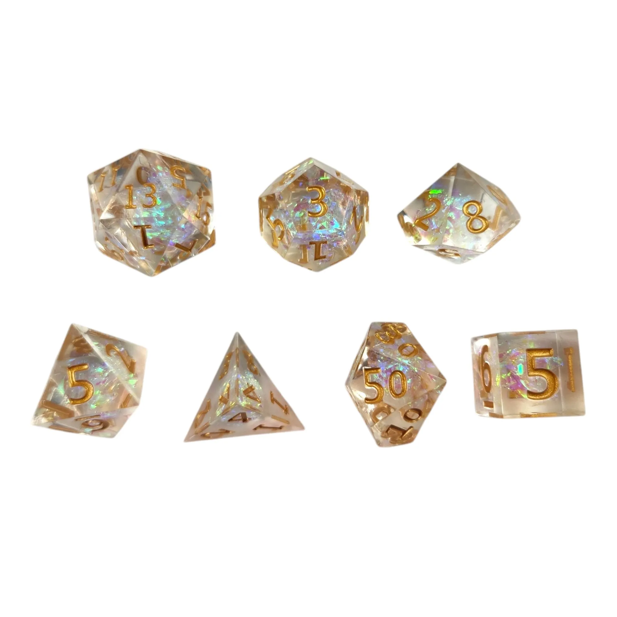 Clear dice with iridescent foil- gold numbers - Sharp Resin