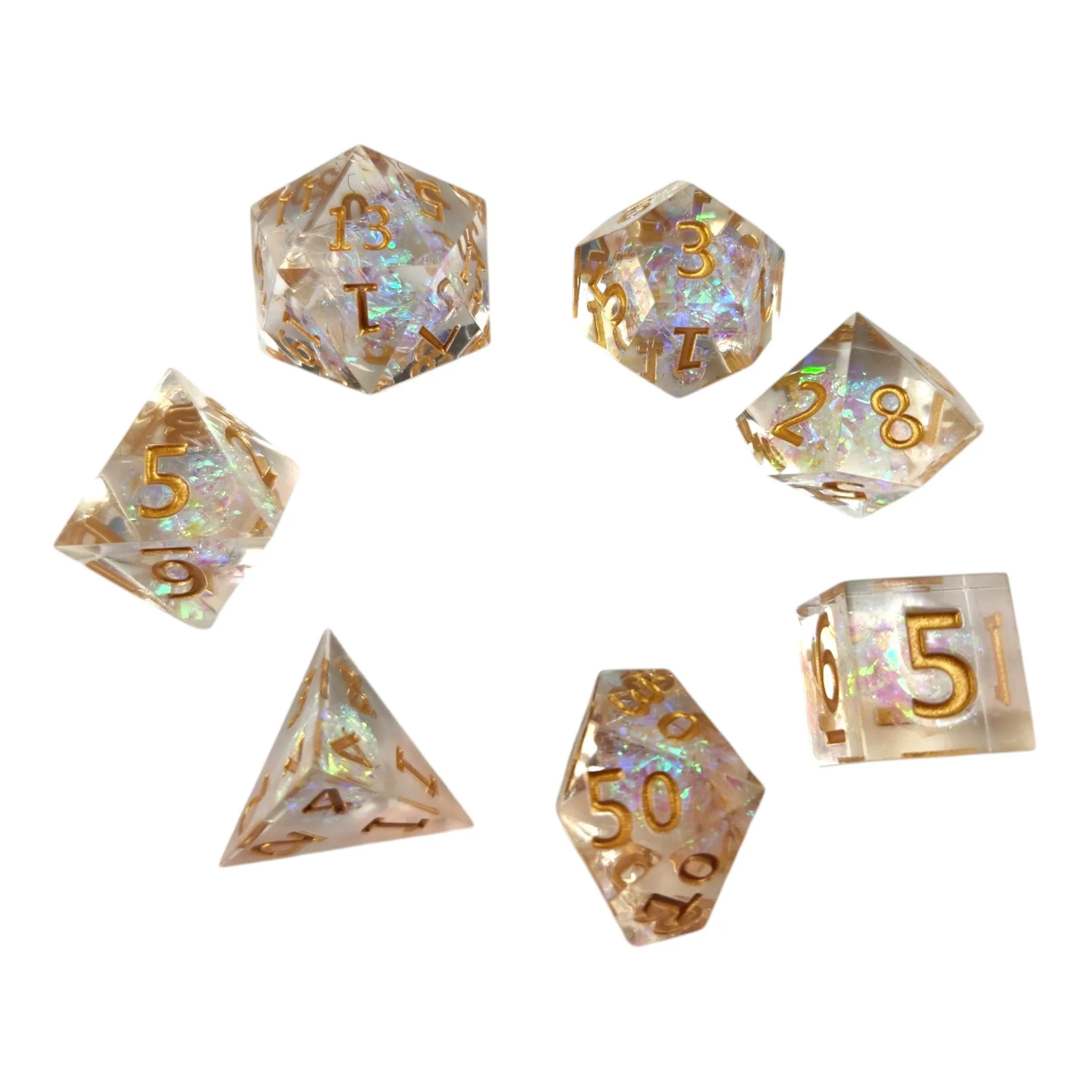 Clear dice with iridescent foil- gold numbers - Sharp Resin