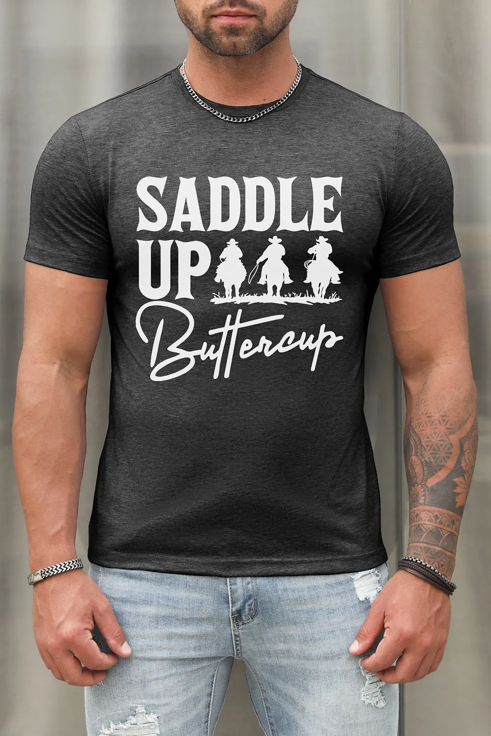 Dark Gray SADDLE UP Letter Graphic Print Short Sleeve Men's T-shirt