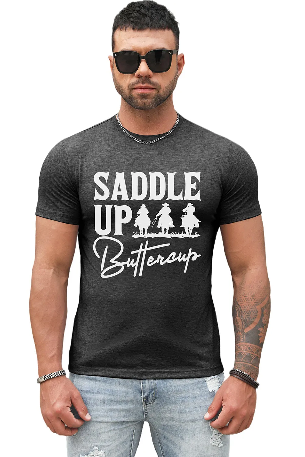Dark Gray SADDLE UP Letter Graphic Print Short Sleeve Men's T-shirt