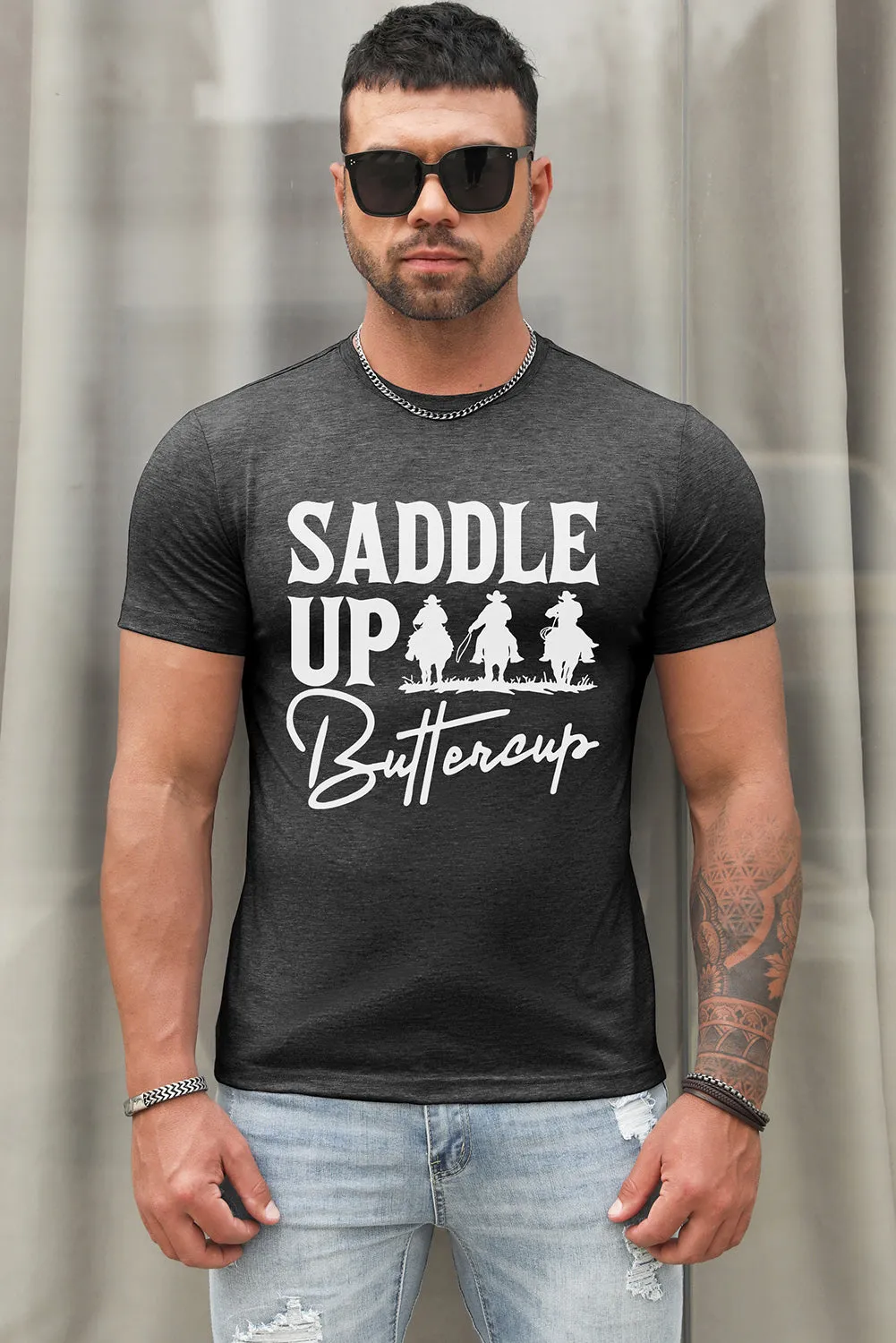 Dark Gray SADDLE UP Letter Graphic Print Short Sleeve Men's T-shirt