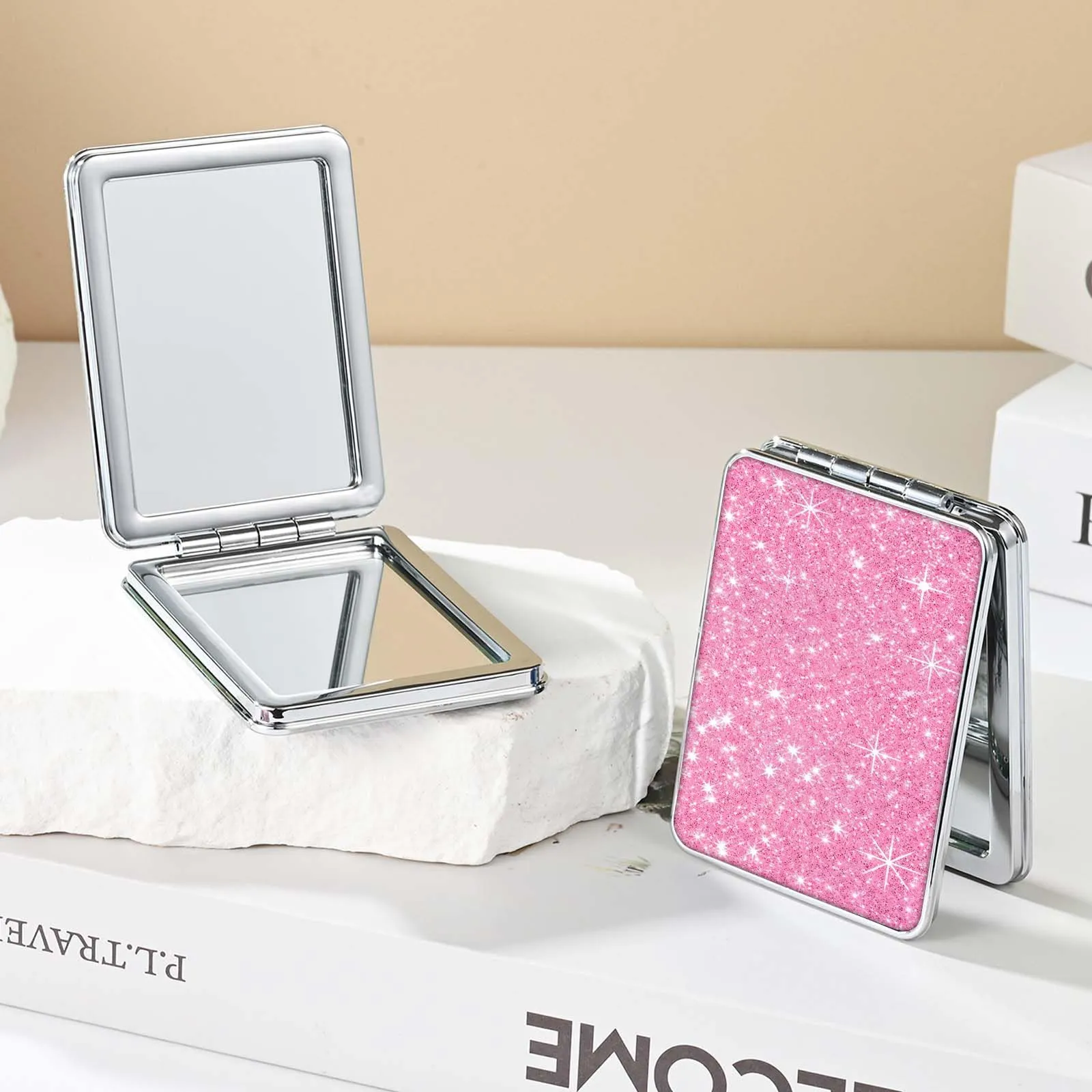 dcdcee Pocket Mirror, Small Travel Mirror with Magnification, Portable Double-Sided Magnifying Cosmetic Mirror for Daily (2 Shiny)