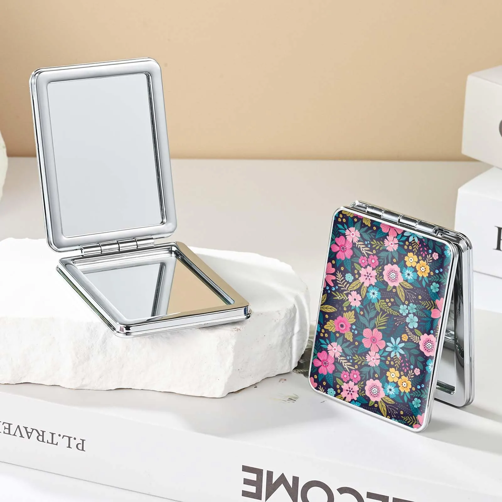dcdcee Pocket Mirror, Small Travel Mirror with Magnification, Portable Double-Sided Magnifying Cosmetic Mirror for Daily (Flower)