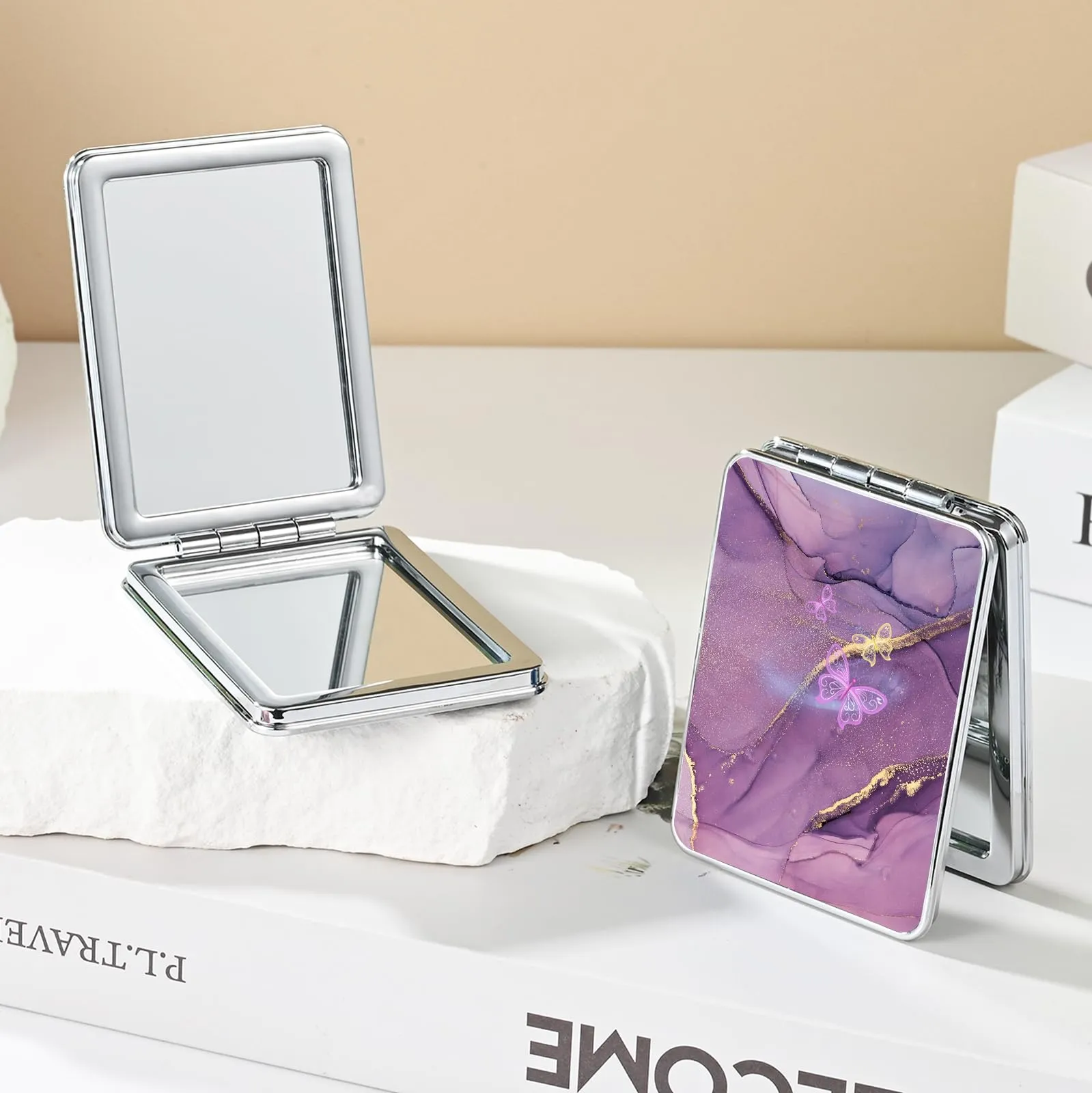 dcdcee Pocket Mirror, Small Travel Mirror with Magnification, Portable Double-Sided Magnifying Cosmetic Mirror for Daily (Pink   Purple Marble)