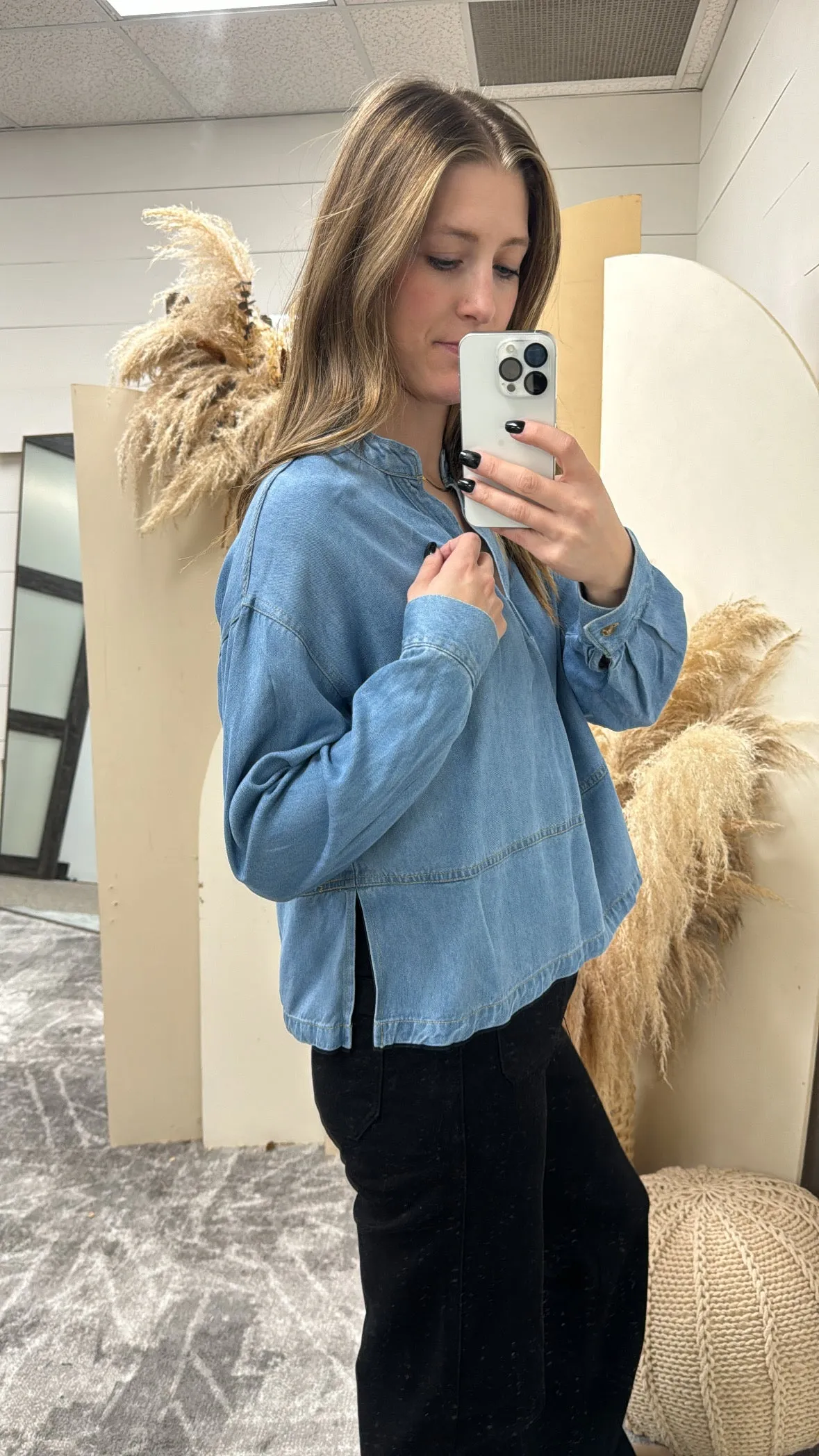 Denim Split Neck Side Slit Top