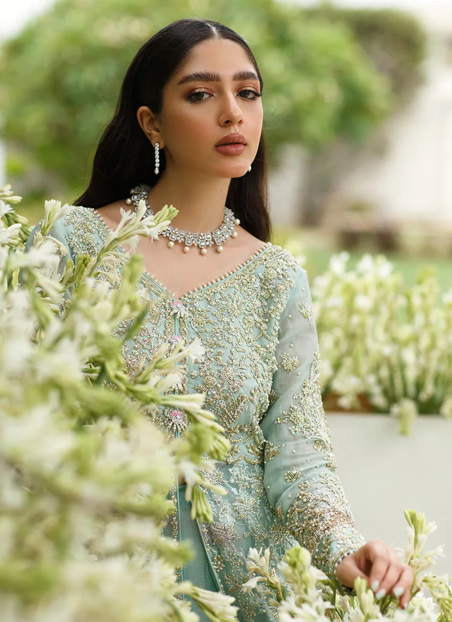 Designer Ice Blue Front Open Gown for Indian Bridal Wear