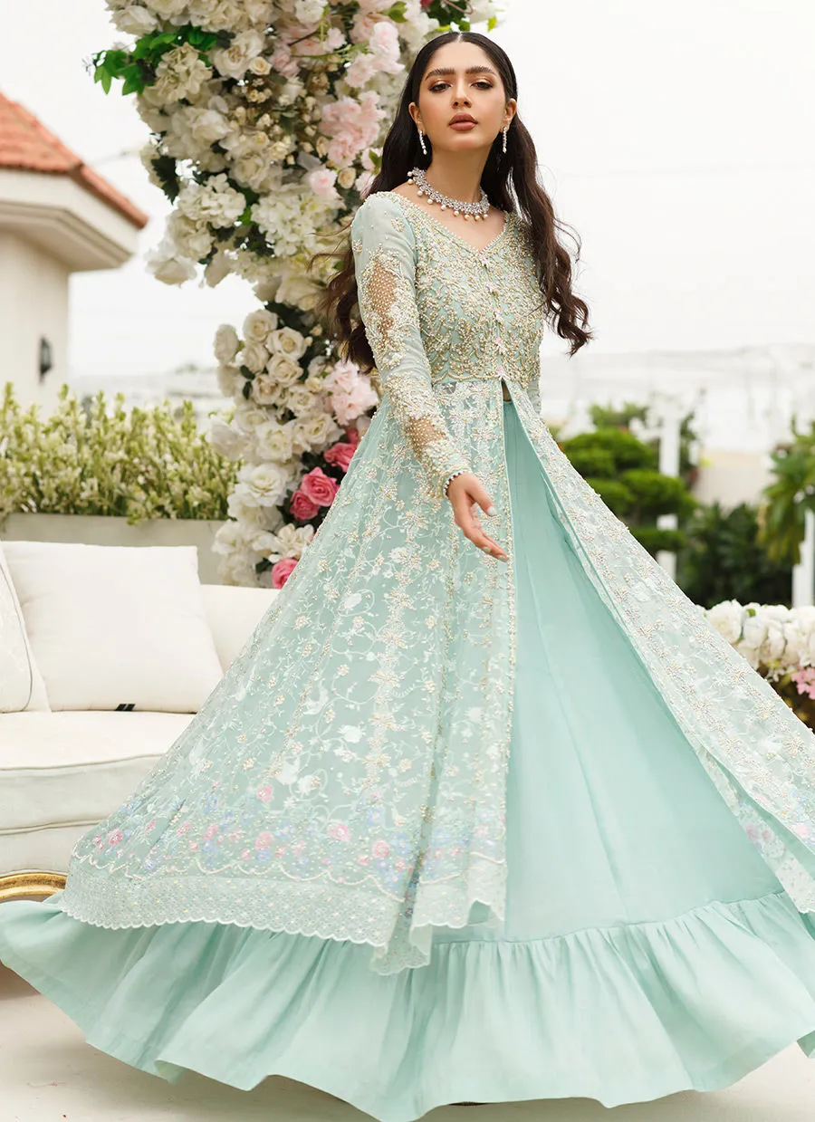 Designer Ice Blue Front Open Gown for Indian Bridal Wear