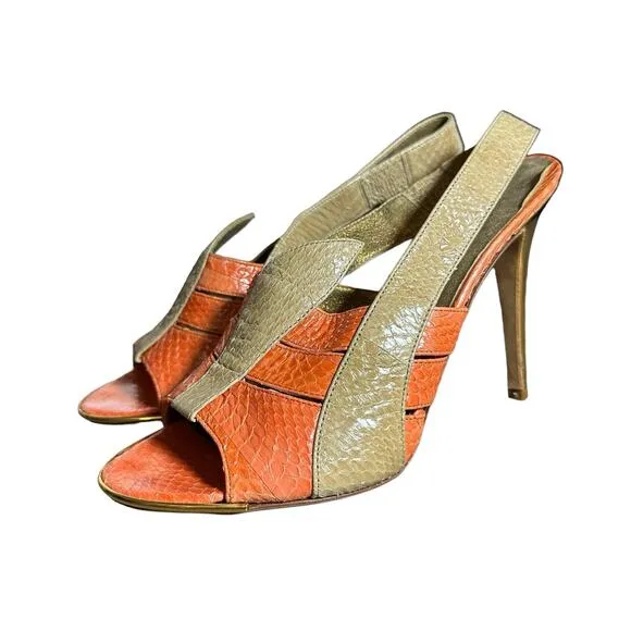 Devi kroell strappy heels in cream and orange snakeskin size 37 eu 6 - 6.5 US