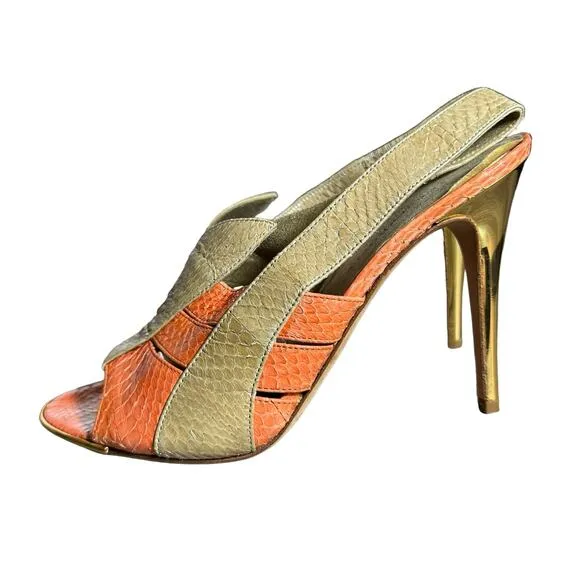Devi kroell strappy heels in cream and orange snakeskin size 37 eu 6 - 6.5 US