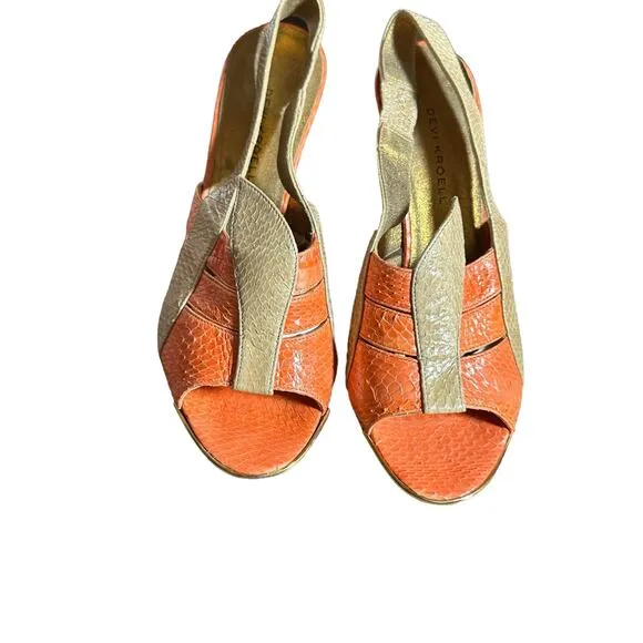 Devi kroell strappy heels in cream and orange snakeskin size 37 eu 6 - 6.5 US