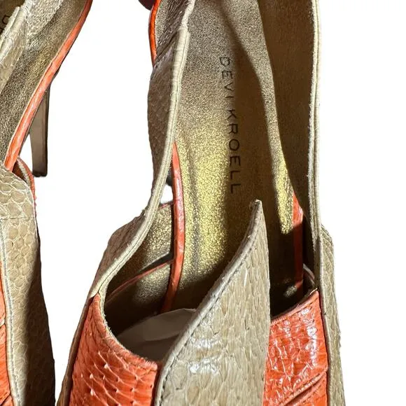Devi kroell strappy heels in cream and orange snakeskin size 37 eu 6 - 6.5 US