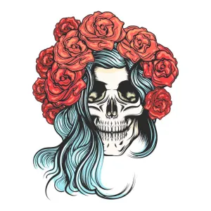 Dia de los Muertos Sugar Skull Woman with Red Flowers in Hair Graphic Decal