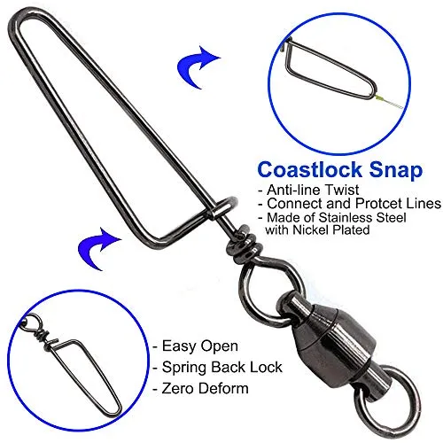 Easy Catch 10 Pack High-Strength Fishing Ball Bearing Swivel with Coastlock Snap, Strong Welded Ring for Saltwater Fishing-18Lb to 350Lb (100% Copper Stainless Steel)(Size 0 0 (18lb) 10Pack)