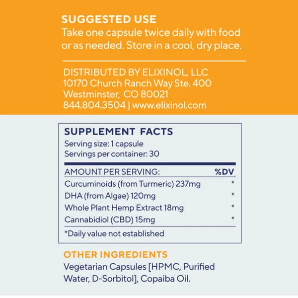 Elixinol Omega Turmeric with 15mg CBD per Capsule 450mg Bottle 30 Capsules