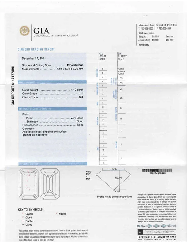 Emerald Shape Diamond GIA Certified 1.10ct I-SI1