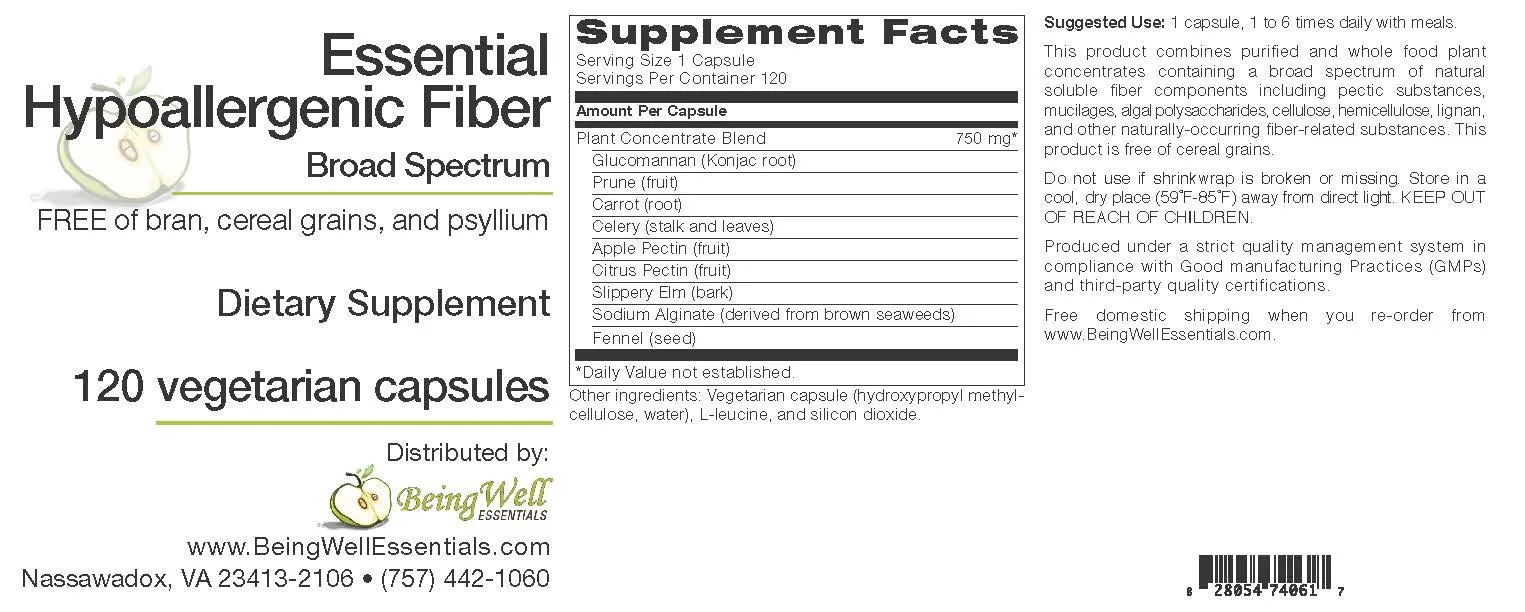 Essential Hypo-allergenic Broad Spectrum Fiber - FREE of bran, cereal grains, and psyllium - 120 vegetarian capsules