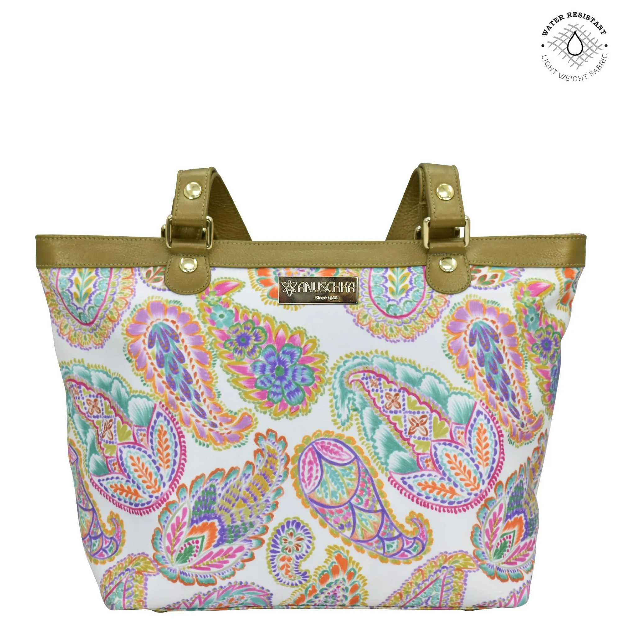 Fabric with Leather Trim Zip Top City Tote - 12005